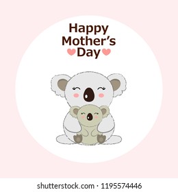 Mother's day greeting card. Cute koala mother and baby on pink background.