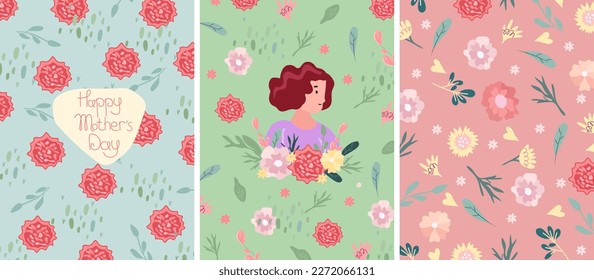 Mother's day greeting card, cute lady with flowers, carnations and green leaves. Spring and summer flowering. The concept of happiness, joy, holiday. Vector graphics.