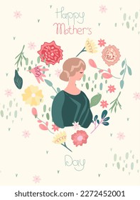 Mothers day greeting card, cute lady with flowers, carnations, daisy and green leaves. Spring and summer flowering. The concept of happiness, joy, holiday. Vector graphics.