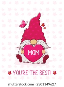 Mother's day greeting card with cute cartoon gnome. Vector illustration of a character in love