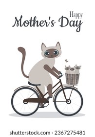 Mother's Day greeting card. A cute mother Siamese cat carries her little kittens in a basket on a bicycle. Vector.