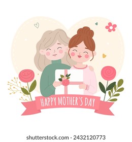  Mother's day greeting card with cute mom and daughter. Vector illustration.