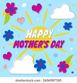 Mother's Day greeting card. Cute vector illustration with flowers, hearts, leaves and clouds. Colorful hand drawn square image for social media posts, banner design, postcards.