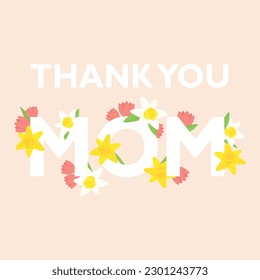 Mother's day greeting card with daffodil and tulip flowers. Vector text illustration for 14th May for posts, posters, designs, banners in pink color