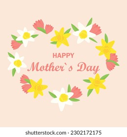 Mothers day greeting card with daffodil flowers. Vector text illustration for 14th May for posters, designs, banners in pink color