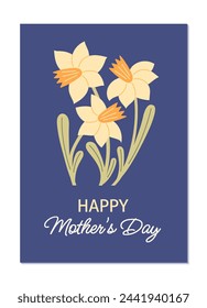 Mother's Day greeting card with daffodil flowers in flat style.