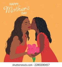 Mothers day greeting card. Daughter kissing mother. Child giving flowers