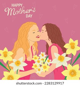 Mother's day greeting card with daughter. Girl kissing mother. Child giving flowers