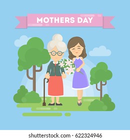 Mother's day greeting card. Daughter with old mother.