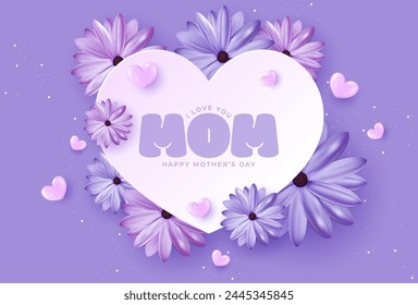 Mother's Day greeting card decorated with artistic typography, hearts and beautiful blooming flowers.