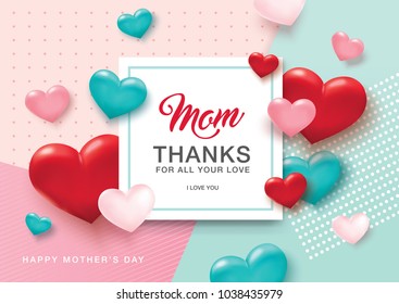 Mother's Day greeting card design with 3D hearts and abstract background