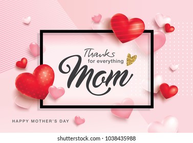 Mother's Day greeting card design with 3D hearts background and text space