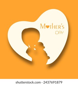 Mother's Day Greeting Card Design with Silhouette of mother holding baby in the sling on yellow and white hearts background.