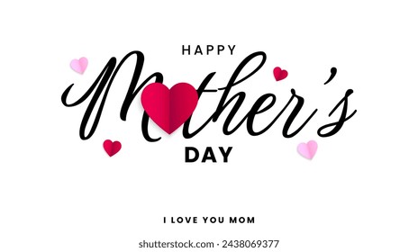 Mother's Day greeting card design. Mother's day background with pink and red paper heart elements. Vector illustration