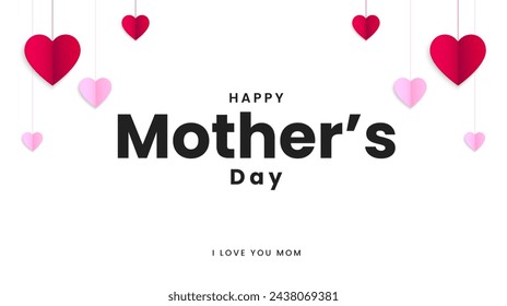 Mother's Day greeting card design. Mother's day background with pink and red paper heart elements. Vector illustration