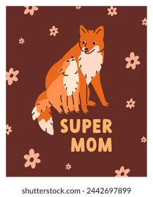 Mother's day, greeting card design with fox mom and baby, cub. Vertical holiday postcard background, cute forest foxy animal family, happy wild mommy and kid mammals. Flat vector illustration