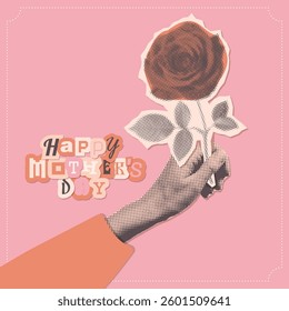 Mother's day greeting card design of halftone hand holding rose flower. Happy mothers day retro collage design. Vector muted colors illustration