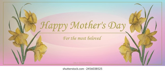 A Mother's Day greeting card featuring narcissus flowers on a soft background, in vector format