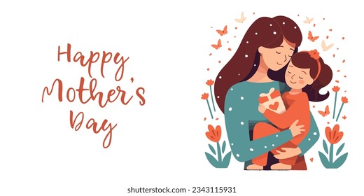 Mother's Day greeting card. A flat hand-drawn vector illustration of a Mother hugging her daughter in her arms on a floral background.