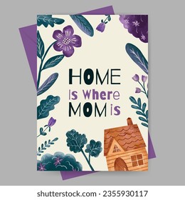 mothers day greeting card with floral and watercolor house illustration