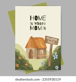 mothers day greeting card with floral and watercolor house illustration