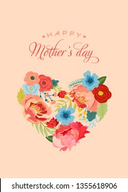 Mothers Day Greeting Card with Flowers Bouquet. Happy Mother Day Floral Banner with Heart. Best Mom Poster, Flyer Spring Celebration Design. Vector illustration