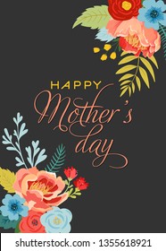 Mothers Day Greeting Card with Flowers Bouquet. Happy Mother Day Floral Banner. Best Mom Poster, Flyer Spring Celebration Design. Vector illustration