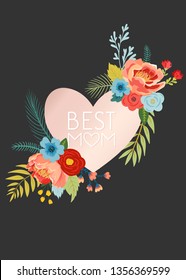 Mothers Day Greeting Card with Flowers Bouquet. Happy Mother Day Floral Banner with Heart. Best Mom Poster, Flyer Spring Celebration Design. Vector illustration