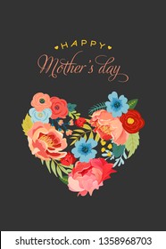 Mothers Day Greeting Card with Flowers Bouquet. Happy Mother Day Floral Banner with Heart. Best Mom Poster, Flyer Spring Celebration Design. Vector illustration