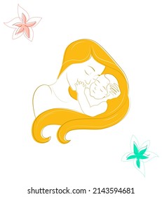 Mothers day greeting card with flowers. Mother hugging baby.	
