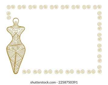 Plantilla de marco de tarjetas de felicitación del Día de la Madre. Símbolo vectorial femenino de la cultura Cucuteni-Trypillia. Mujer divinidad madre figurilla. С la diosa de la fertilidad laica ilustración fetiche Icono de la mujer Berehynia. 