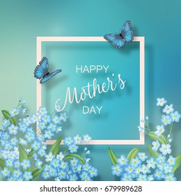Mothers Day greeting card with a frame, blooming flowers and butterflies