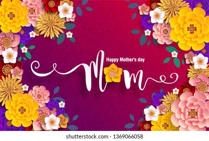 Mother's day greeting card with gold paper cut art craft style on color Background for greetings card, invitation.