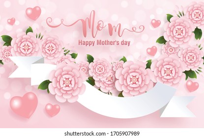 Mother's day greeting card with gold paper cut art craft style on color Background for greetings card, invitation.
