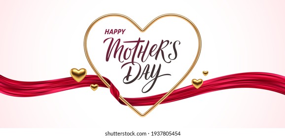 Mothers Day greeting card. Golden metal realistic 3d heart with calligraphy and red ribbon. Vector design with love symbol.