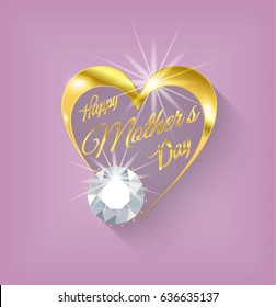 Mothers day. Greeting card with golden text and diamond..