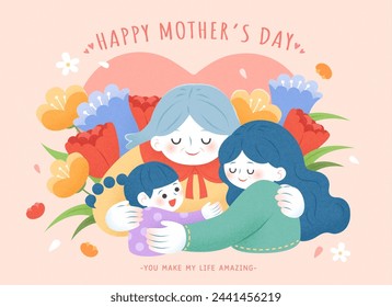 Mothers day greeting card. Grandma, mom and daughter hugging on light pink background with flowers.