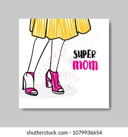 Mothers Day Greeting Card With Hand Drawn Woman Silhouette Super Mom Banner