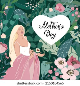 Mother's day greeting card with hand drawn text lettering in heart frame, abstract girl natural beauty and floral elements: flowers, branch, leaves. For woman poster, Valentines. Vector illustration