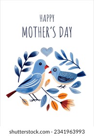 Mothers day greeting card. Hand drawn frame with birds in ethnic style. Birds and leaves for design, template.