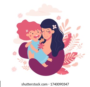 Mother's Day Greeting Card. Happy mom hugs her baby, cute poster. A woman holds a girl in her arms. Flat vector illustration