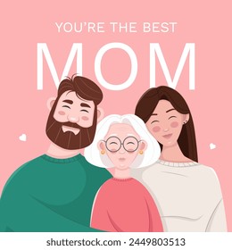 Mother's day greeting card. Happy woman with her adult son and daughter. Vector illustration in flat style.
