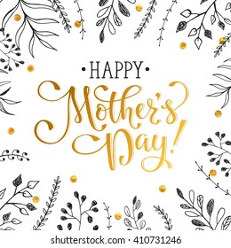 Mother's Day greeting card. Happy Mothers day wording with hand drawn branches and golden dots on white background. Floral frame with text for Mother's Day.