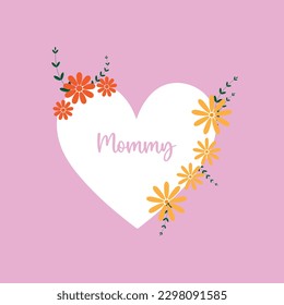 Tarjeta de saludo del día de la madre con corazón, flores y texto en un fondo rosa 