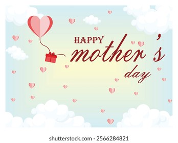 Mother's Day greeting card with heart shaped balloons, a gift, and soft clouds on a light-colored background, symbolizing love, celebration, and appreciation. Flat vector modern illustration 