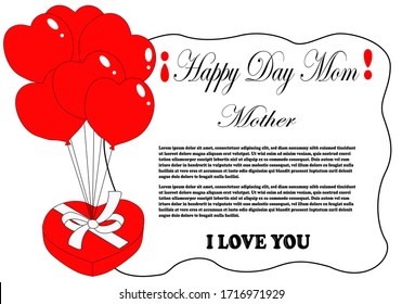 mother's day, greeting card for mother's day, with heart-shaped balloons on the left side of the card