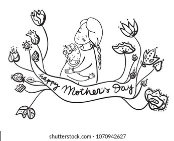 Mother's day greeting card. Illustration with mom and child. Calligraphy phrase Happy Mother's Day. Black and white, linear drawing