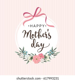 Mothers day greeting card  invitation  Brush script  calligraphic design  White label and ribbon  flowers  leaves   striped background  Stock vector illustration 