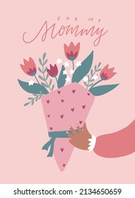 Mother's day greeting card with lettering quote and bouquet of flowers in cartoon style. Good for posters, prints, invitations, banners, postcards, etc. EPS 10