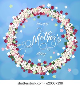 Mothers Day greeting card with lettering. Blossom tree background, spring holidays. Vector Illustration EPS10